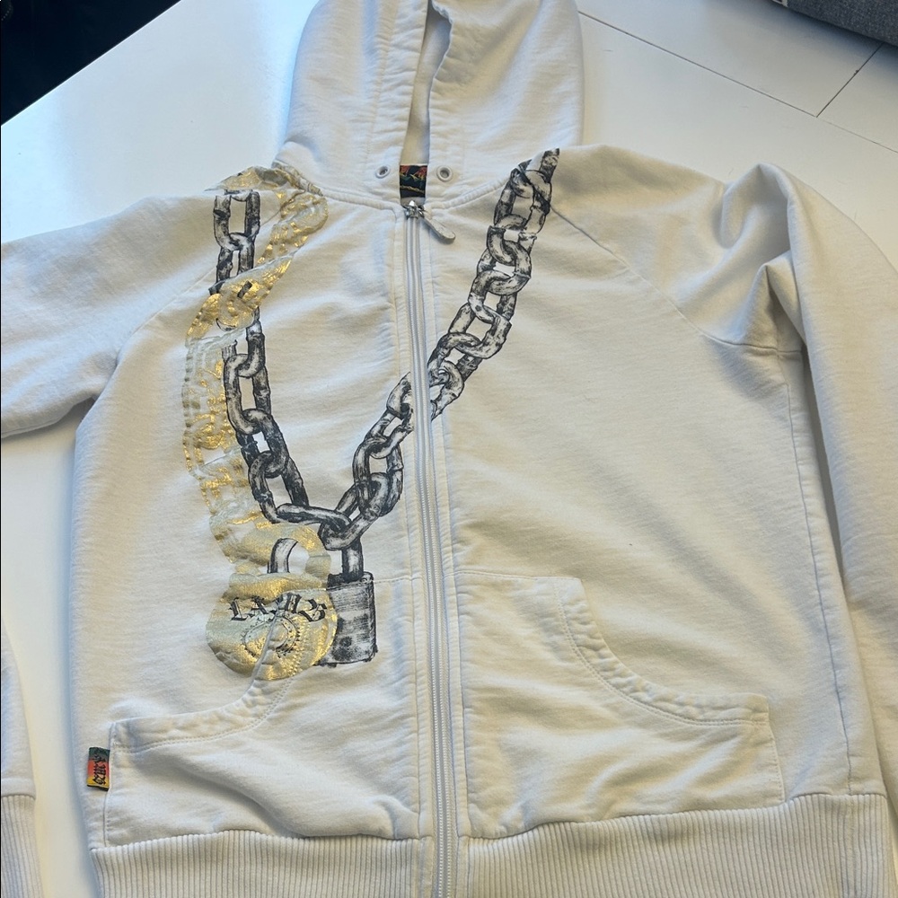 White Zip Hoodie with Black Chain Print & Gold Accent